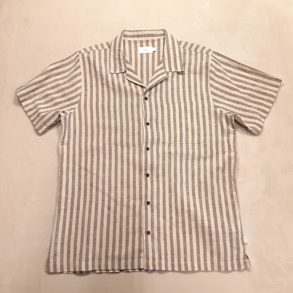 Onia Mens Water Resistant Linen Camp Collar Button Shirt XL Biege Striped